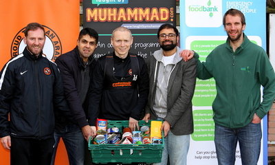 Our picture shows Gordon Grady from Dundee United Community Trust, Anil Tewari from ArabTRUST, Club Captain Willo Flood, Rizwan Rafik from Taught By Muhammad, and Michael Calder from Foodbank Dundee.